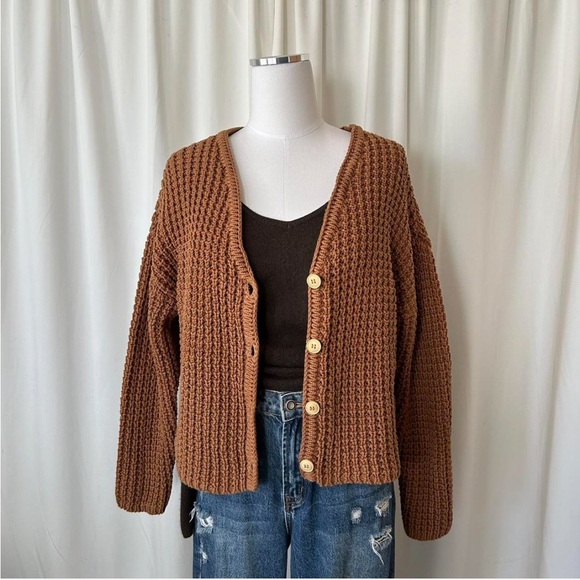 Twothirds chunky knit crochet cardigan brown Size Medium. - Picture 2 of 7